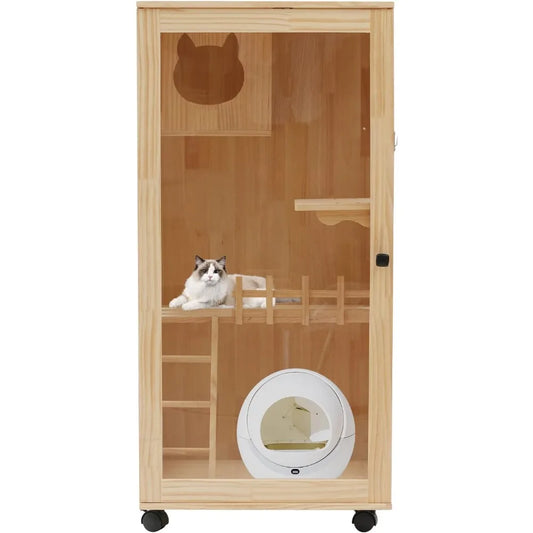 Wooden Cats House, Indoor Outdoor Cat Enclosure Multi-Feature Cat Condo with Cats Scratching Posts and Wheels
